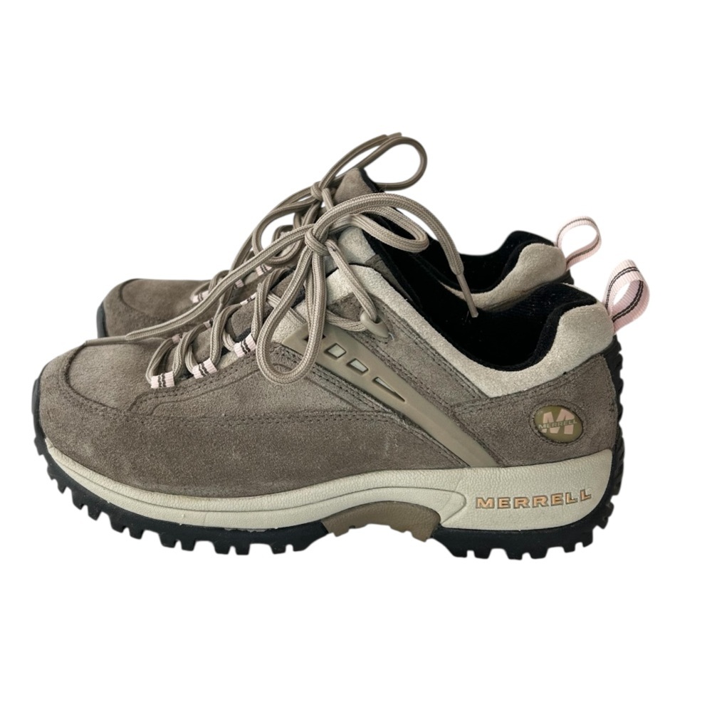 Merrell Women's Taupe Suede Hiking Sneakers with Pink Pull Tabs